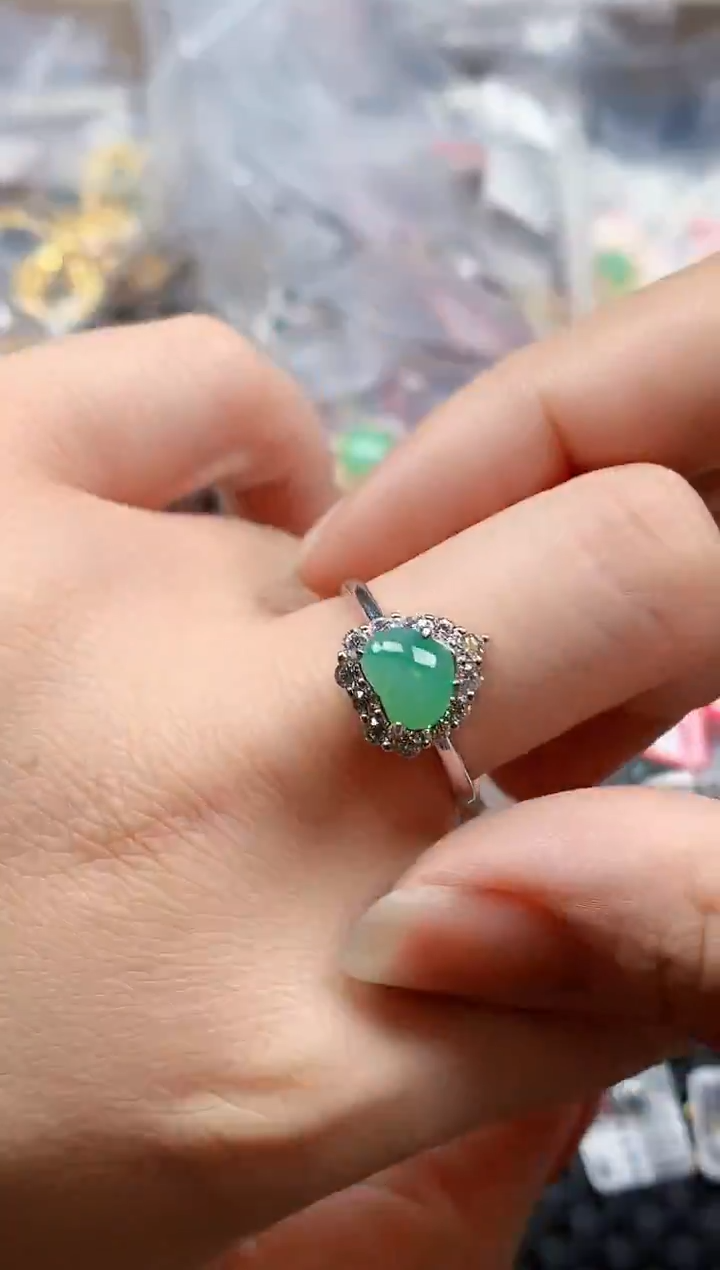 银S925镶嵌戒指翡翠天然A货缅甸翡翠