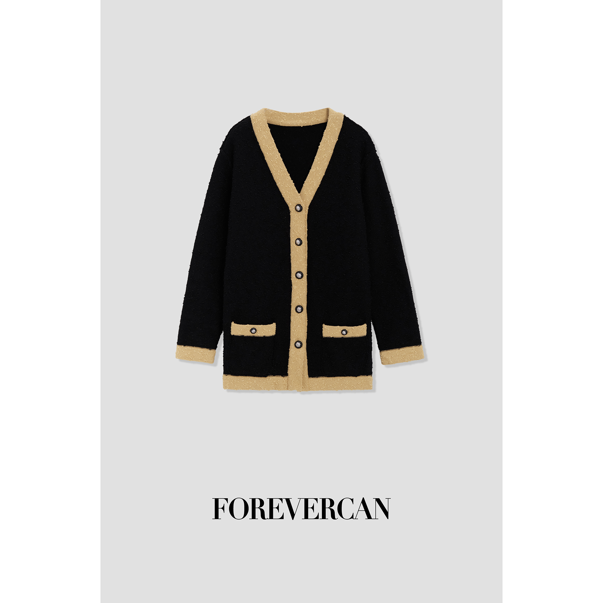FOREVERCAN“槟城日落”撞色V领收腰毛衣开衫外套MY4288B