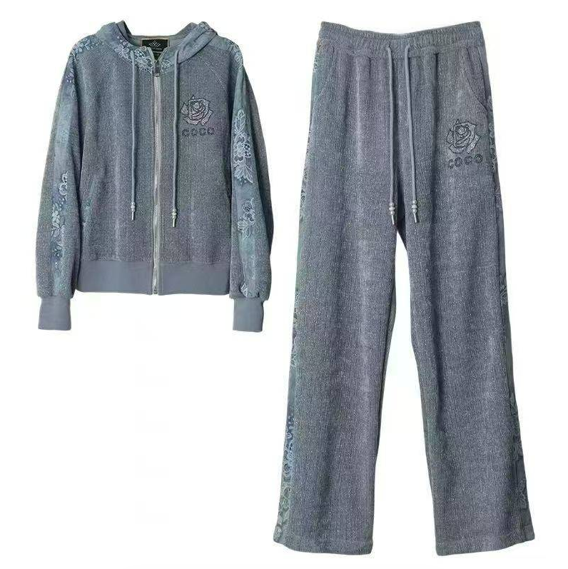 套装连帽春季加绒运动套装烫钻女士阔腿套装秋季宽松中环66