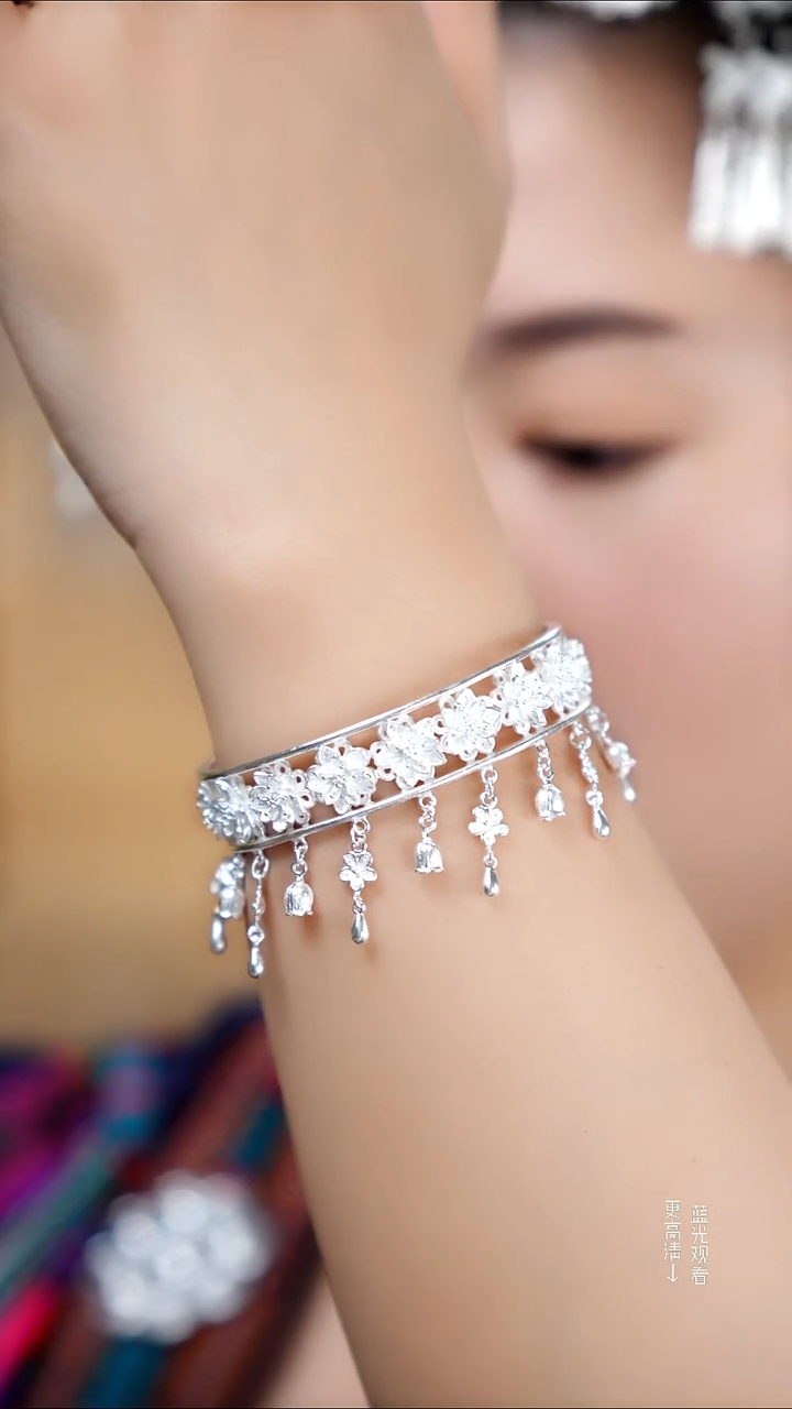 珐琅足银新款花丝梅花流苏手镯