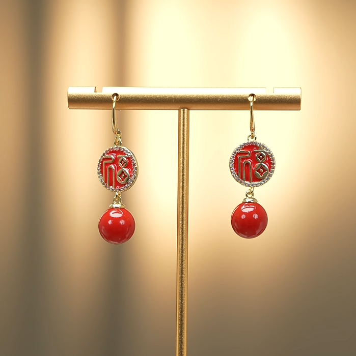 铜合金耳饰 天天戴福中国红福字耳饰喜庆中国风耳环百搭