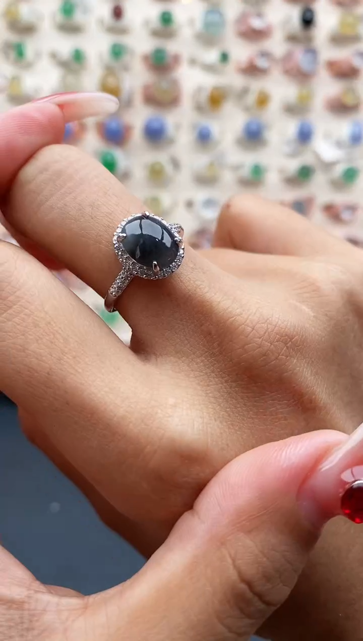 【闪购商品】翡翠戒指银S925镶嵌缅甸天然A货翡翠222 3+2