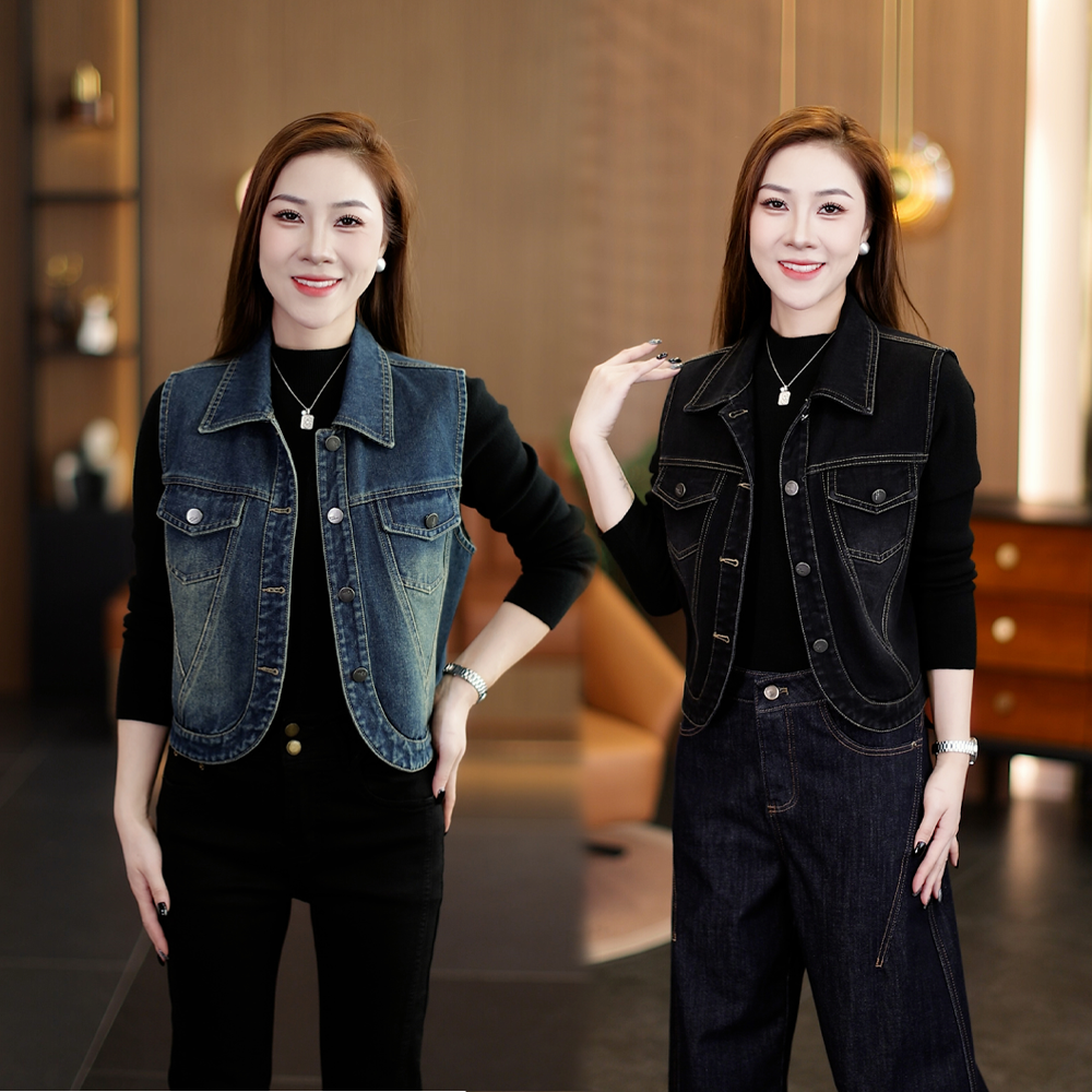 2025秋季新款复古修身洋气POLO领妈妈装牛仔马甲女款2025新款爆款
