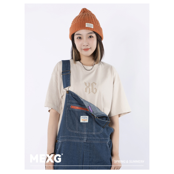 MEXG原创设计中腰背带牛仔裤宽松休闲百搭春秋连体长裤潮K0054