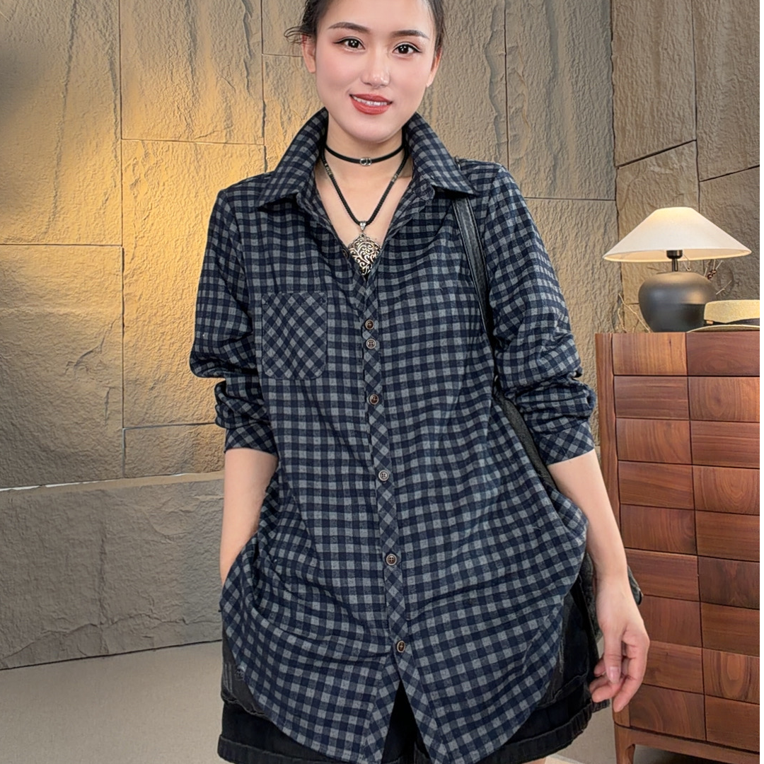 素格【3122】春季新款时尚高级感重工格子款衬衫