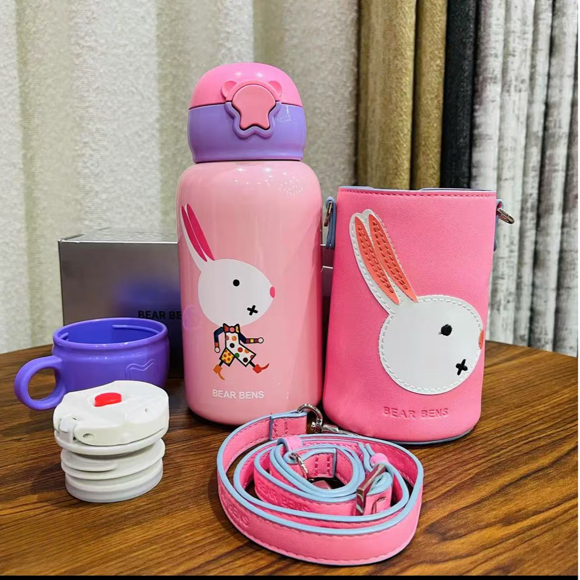 CQ35保温杯吸管水杯可爱学生创意粉红兔圆形防烫保温杯          