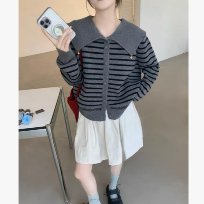 G803#冬季新款翻领设计感大码宽松显白休闲针织衫毛衣开衫外套女