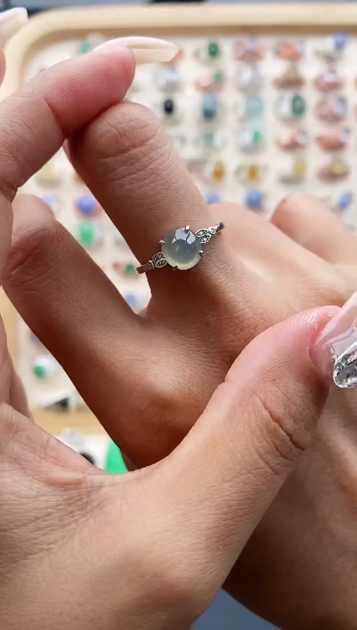 【闪购商品】翡翠戒指银S925镶嵌缅甸天然A货翡翠222  7+7