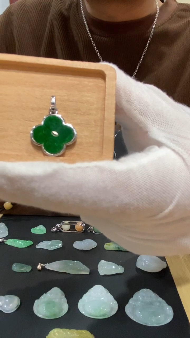 吊坠(不含链)银S925镶嵌翡翠幸运四叶草