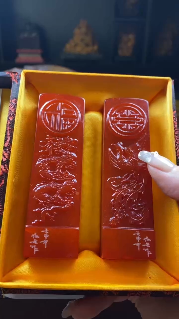 【闪购商品】寿山石印石红田龙凤对章