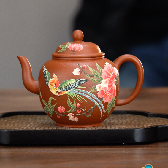 9143宜兴紫砂壶粗砂朱泥捂灰堆绘碧桃花鸟壶YST280ml左右