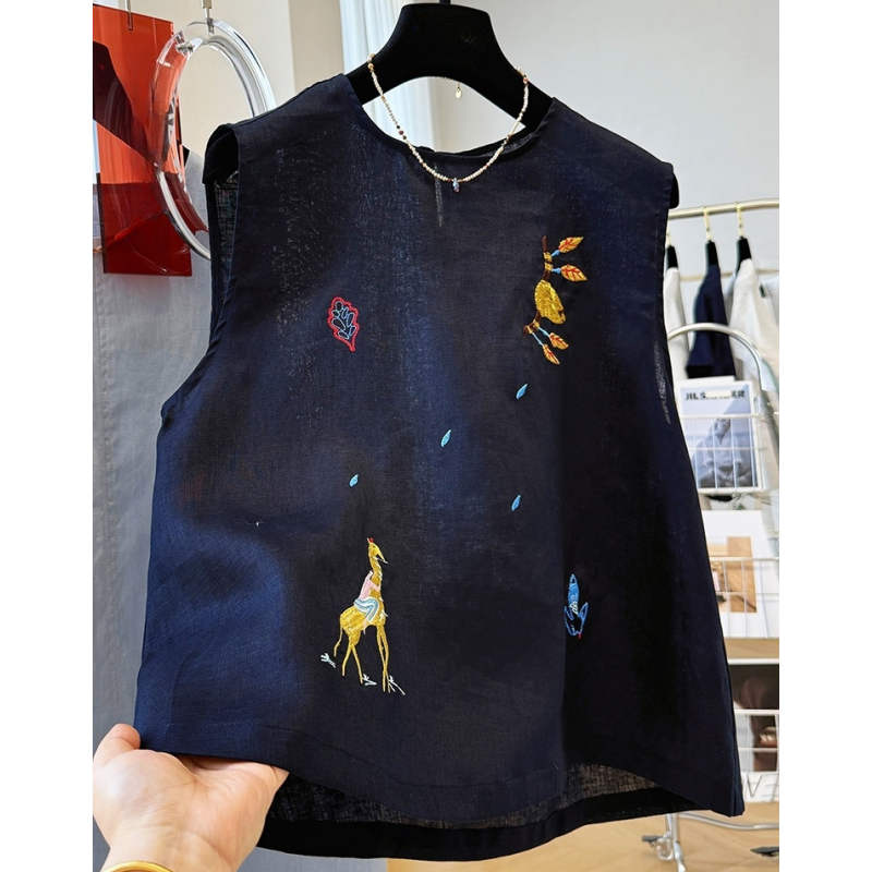 P0253重工刺绣韩系独特漂亮无袖亚麻上衣女夏季外穿马甲背心小衫