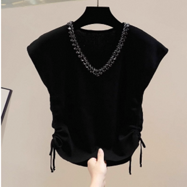 抽绳收腰显瘦冰丝针织衫女夏季v领珍珠新款洋气t恤好看别致上衣潮