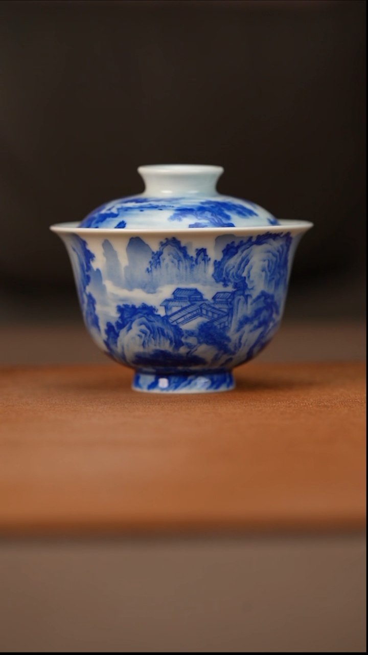 瓷半山晓野溪山行旅图盖碗