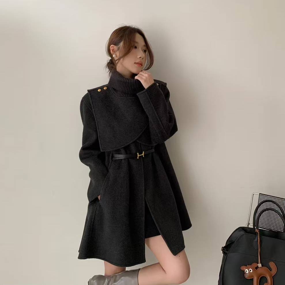女毛呢外套韩系英伦风卡其色大衣韩版赫本风中长款