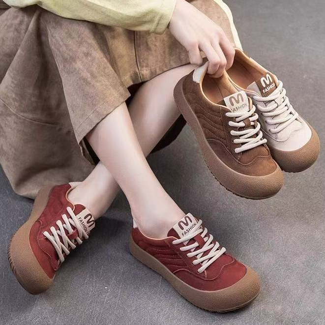 88106鑫秋季新款牛皮平底系带复古百搭单鞋软底透气圆头休闲女鞋