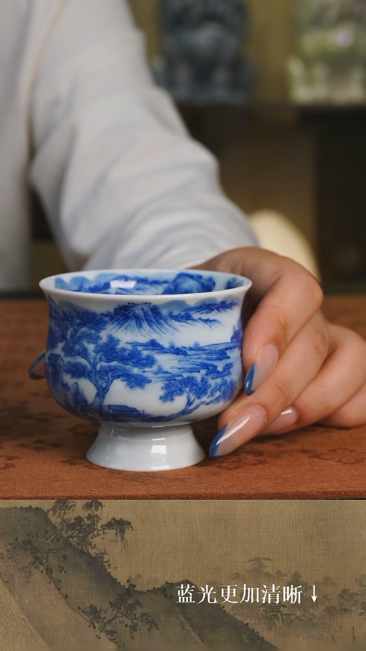 杯子景德镇 纯手绘 柴窑烧制 山水 高足杯杯 