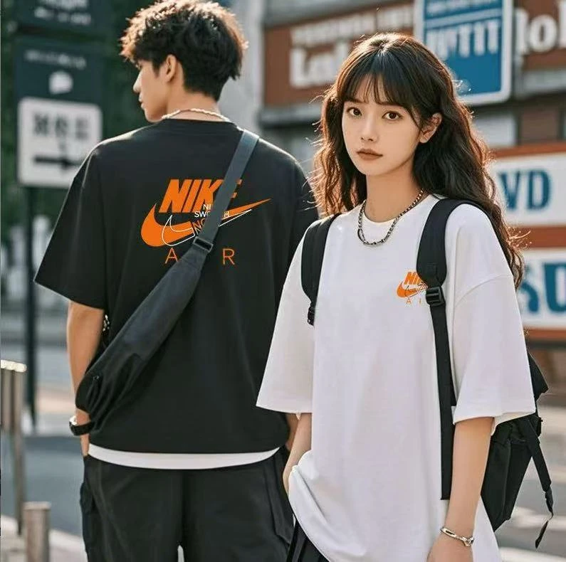 023联名款潮牌T恤男女同款时尚百搭圆领印花t恤短袖前后橙勾