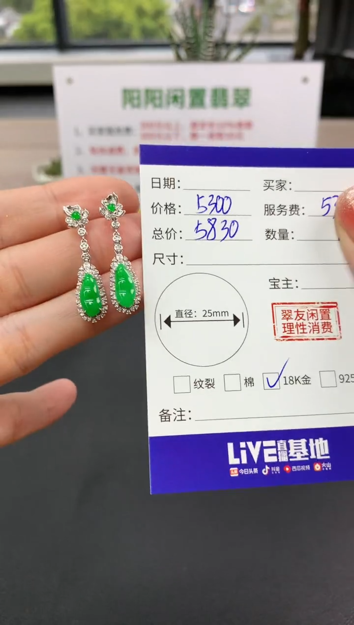 【闪购商品】翡翠耳饰18K金镶嵌豆子|5300+530不退不换