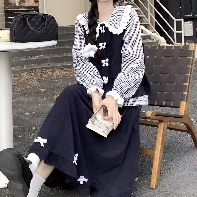 复古可爱格纹拼接蝴蝶结气质衬衫长裙套装时尚宽松长袖娃娃领减龄
