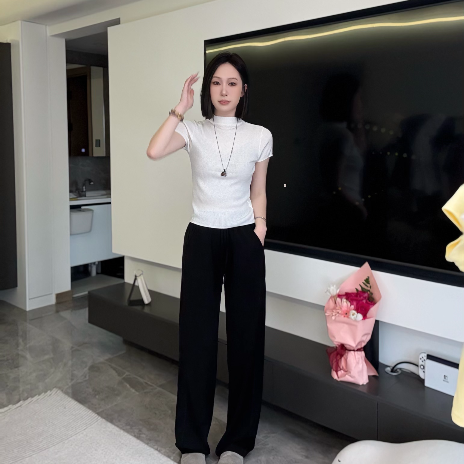 春夏时尚高腰显瘦百搭休闲垂感直筒拖地裤女夏季