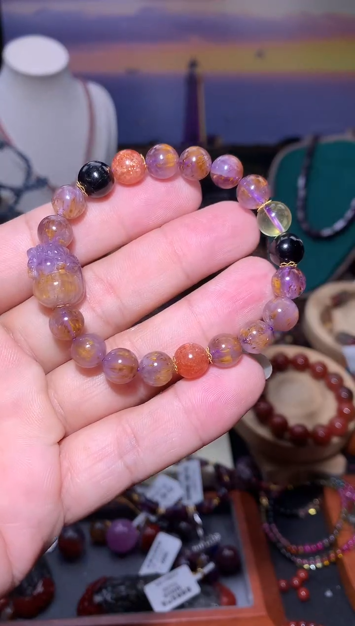 未镶嵌珠宝半成品水晶极光紫钛貔貅圆珠手串