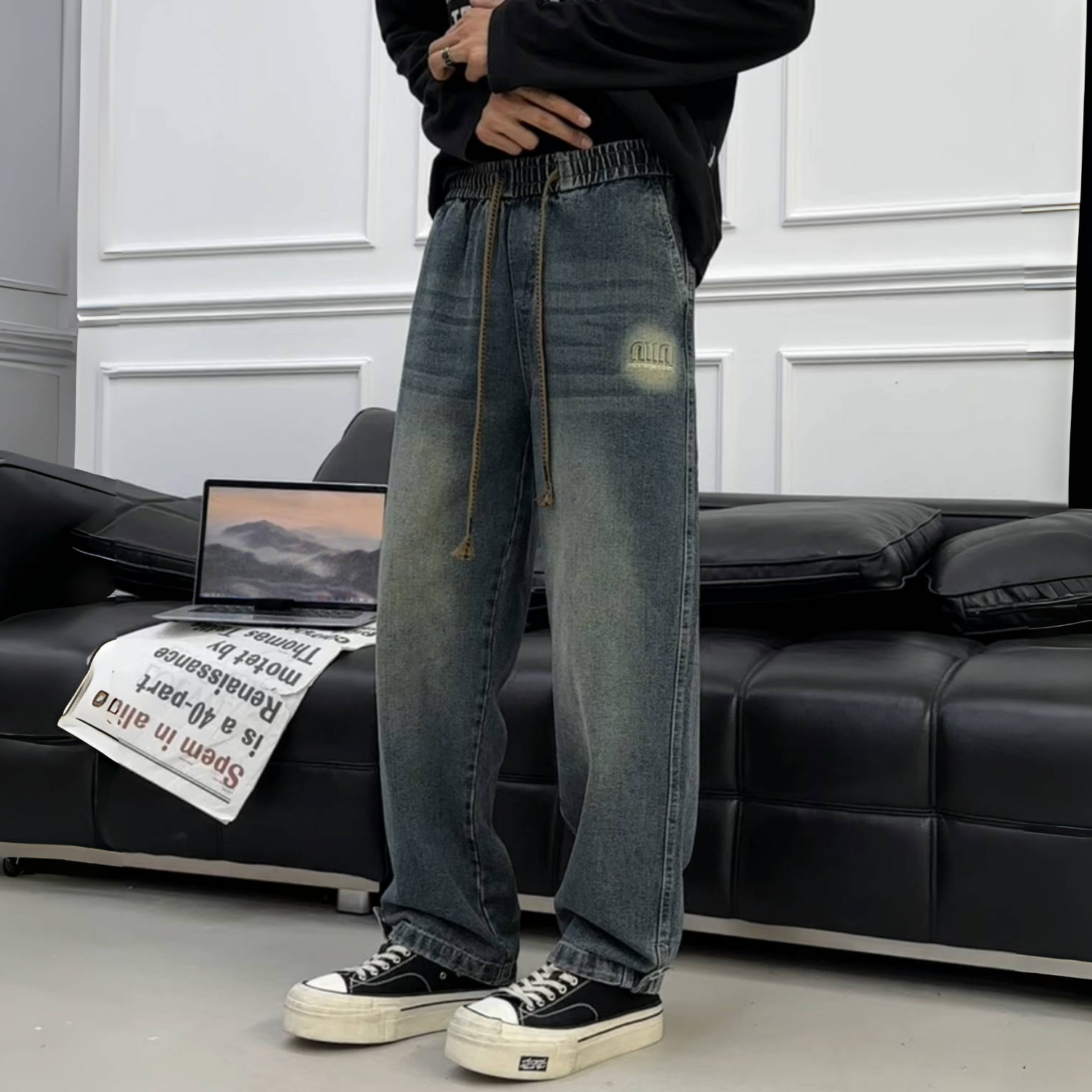 直筒牛仔裤男款秋季宽松长裤美式潮牌水洗青少年休闲裤子QH-5633