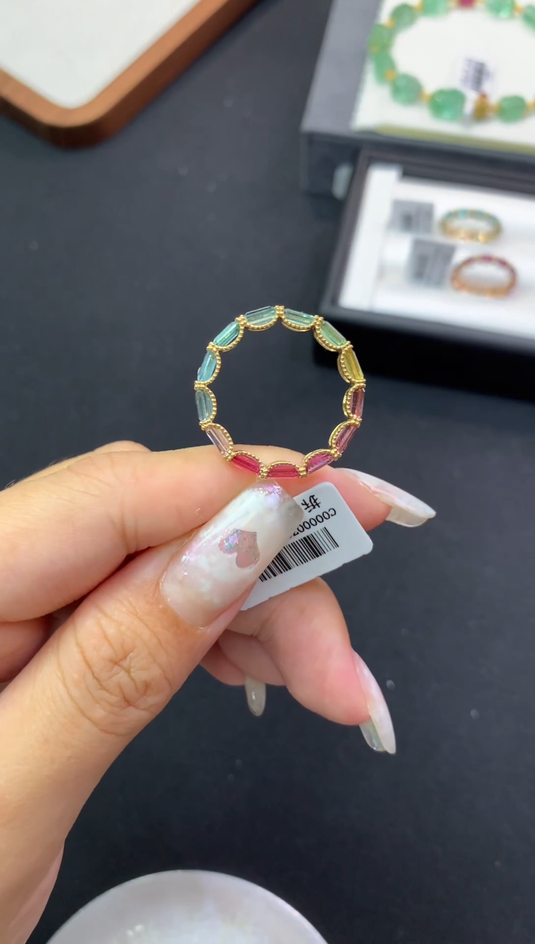 碧玺戒指18K金镶嵌红蓝碧玺月牙镶嵌戒指