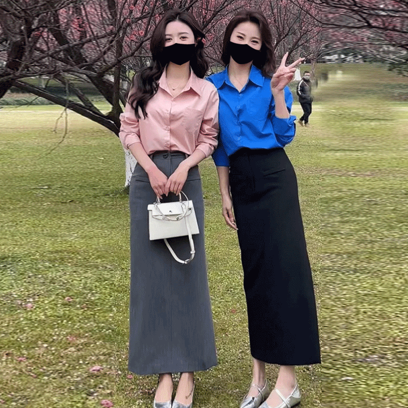 气质纯色衬衫半身裙显瘦百搭2025春季新款休闲高级宽松翻领小个子