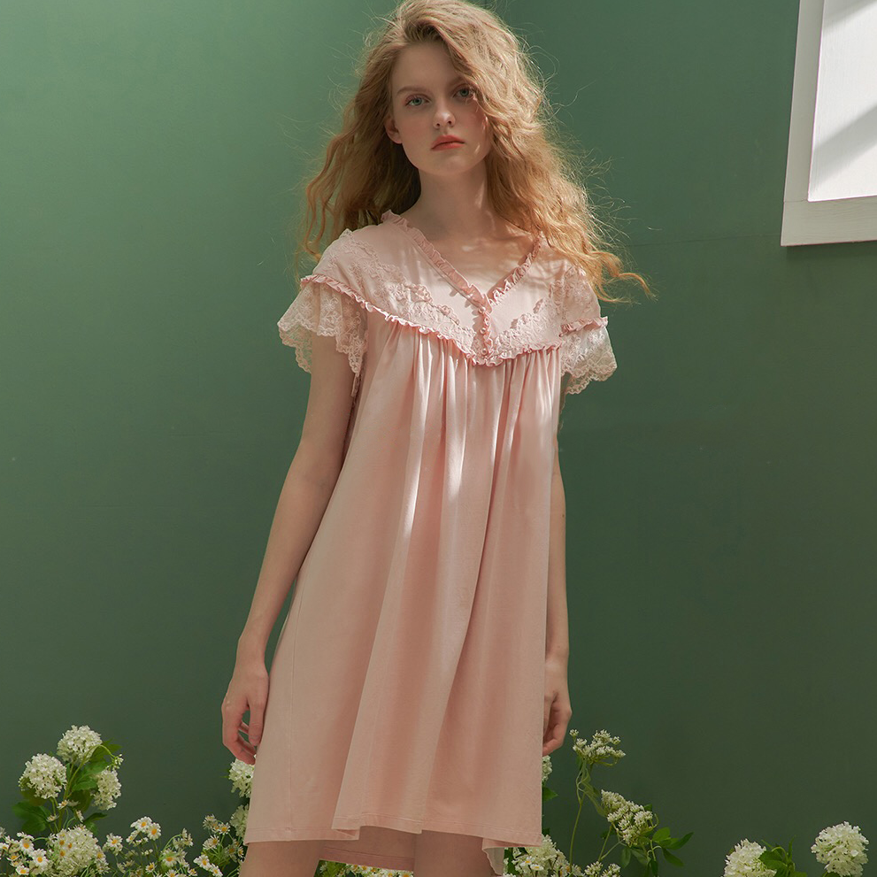 公主风薄款蕾丝夏季短袖睡裙复古设计0050