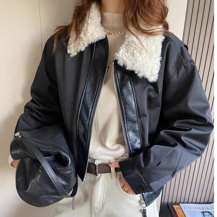 25236#y翻领保暖外套拼接设计感拼皮短款外套