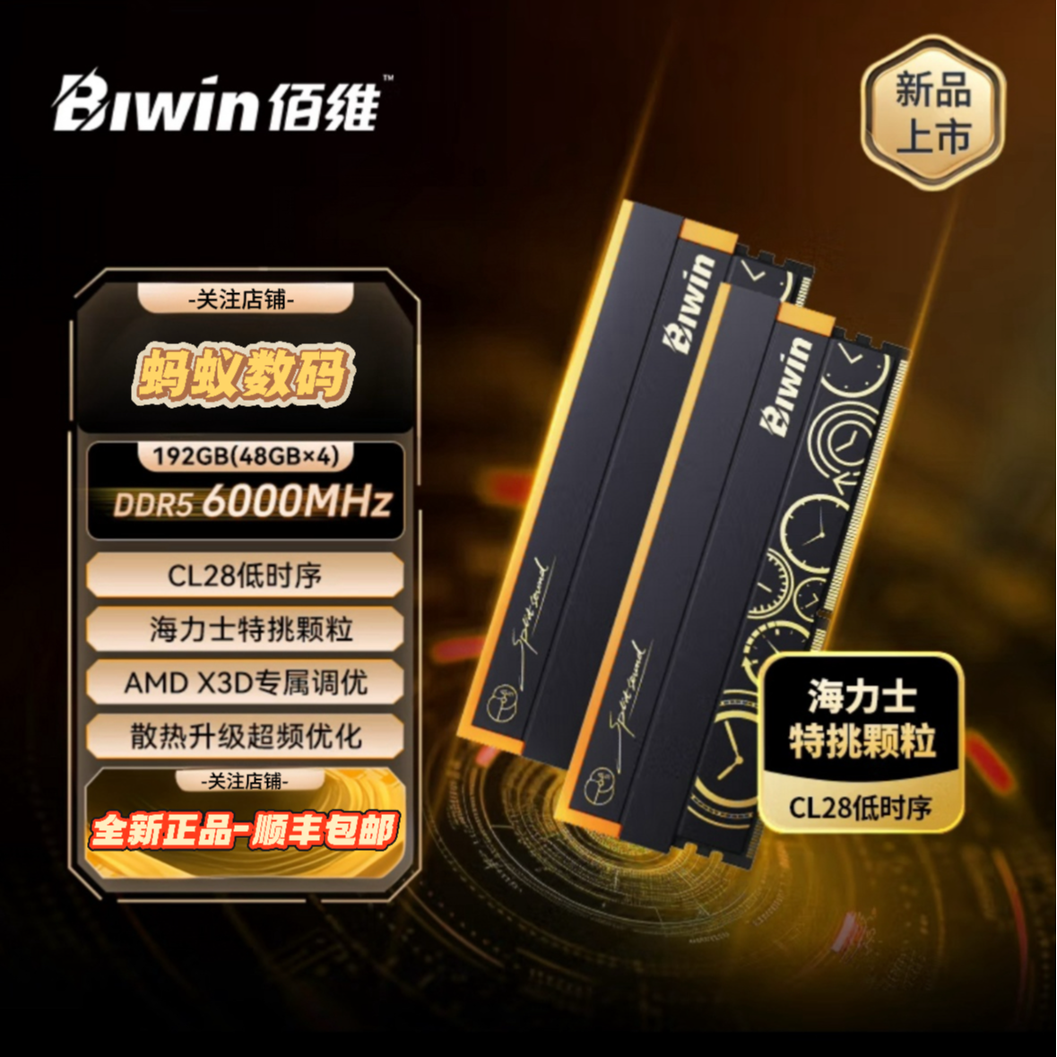 佰维（BIWIN）192G(48G×4)套装6000黑C28RGB时空行者黑台式机内存条