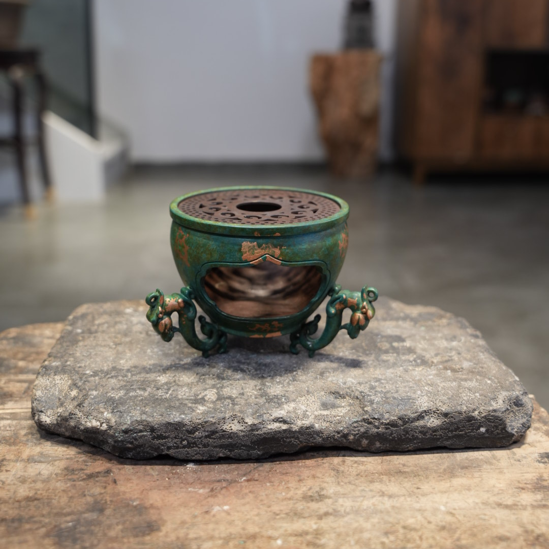 遇见.绿色三龙铜制酒精炉温茶炉茶道配件