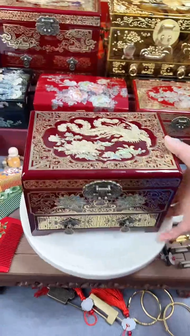 21厘米新款三层单抽掐丝螺钿镶嵌酒红凤凰