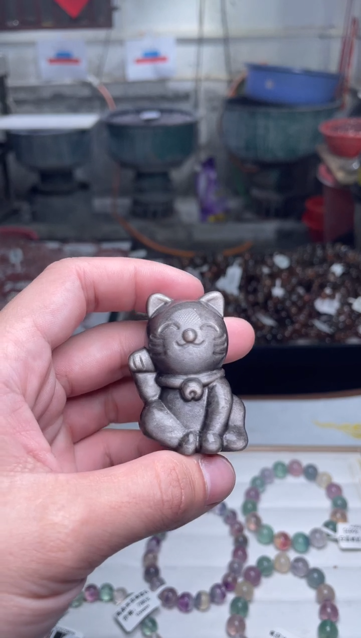 【闪购商品】黑曜岩珠宝奇石未镶嵌招财猫摆件多样性发其一