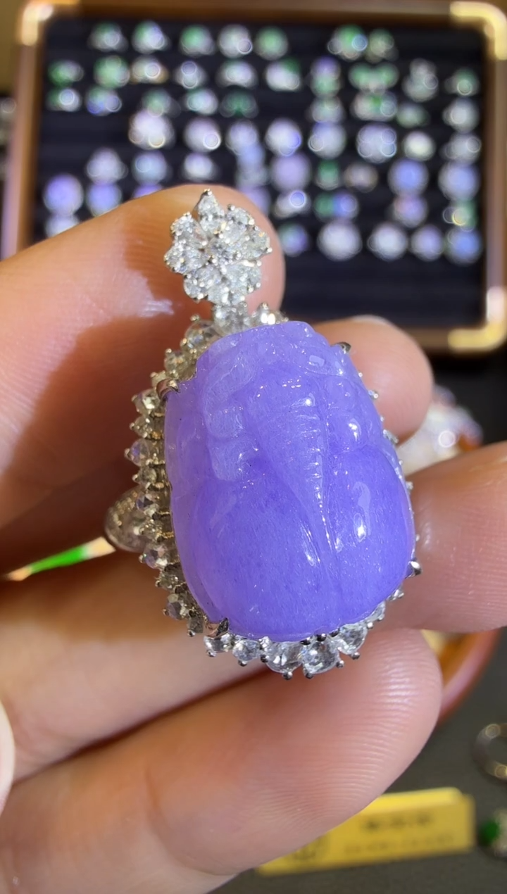 【闪购商品】翡翠戒指18K金镶嵌紫罗兰胖貔貅戒指吊坠两用（不封底）