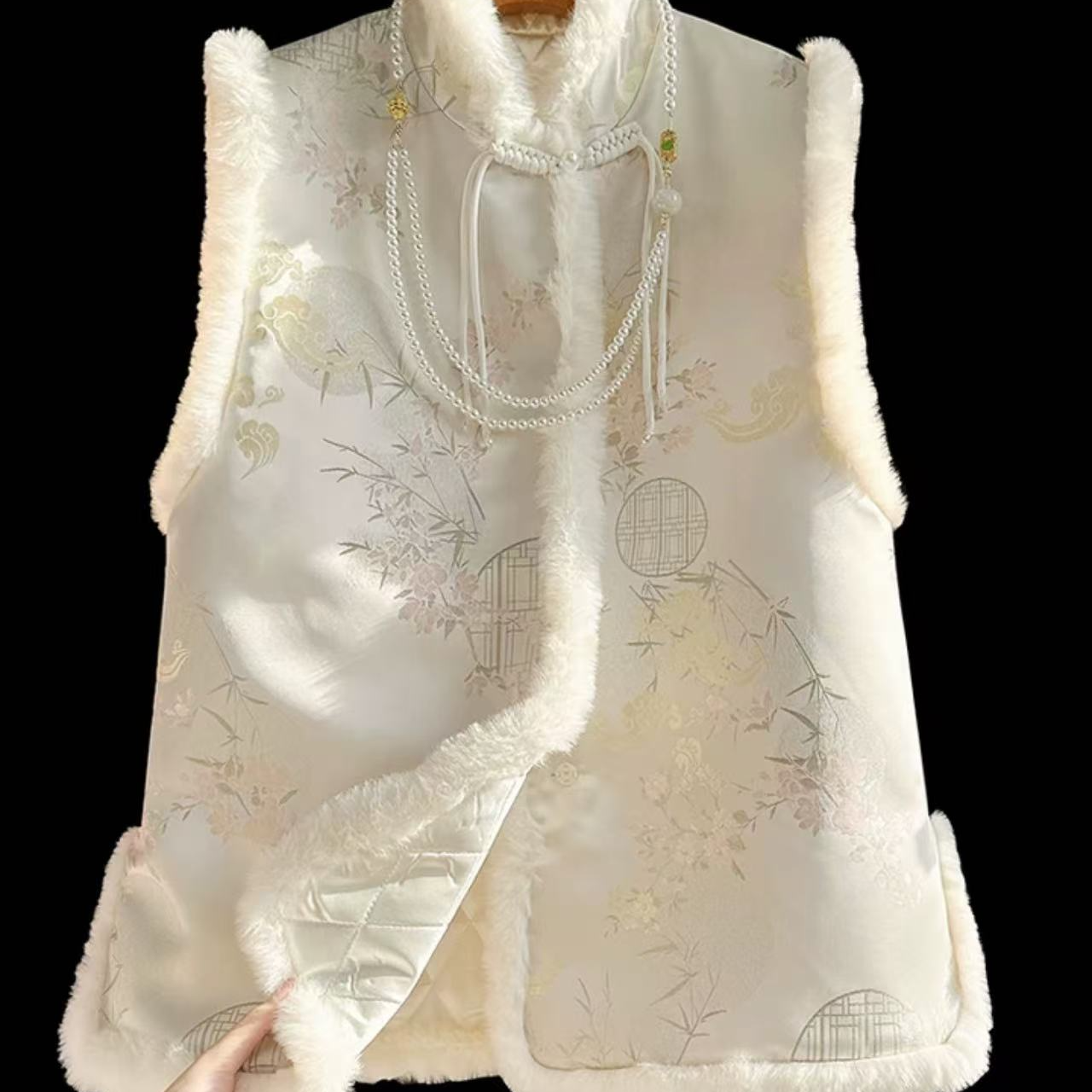 高端仿兔毛拼接复古国风棉马甲背心女冬新款改良新中式