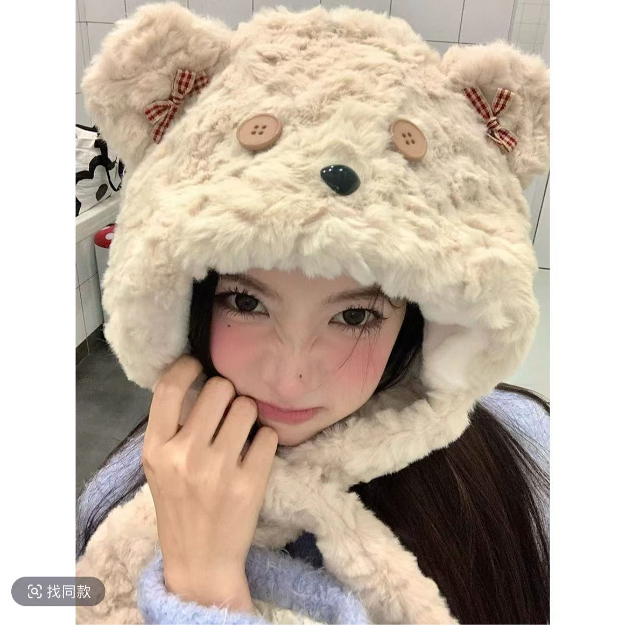 NNN-秋冬季新款卡通小熊毛绒帽女围巾帽子一体