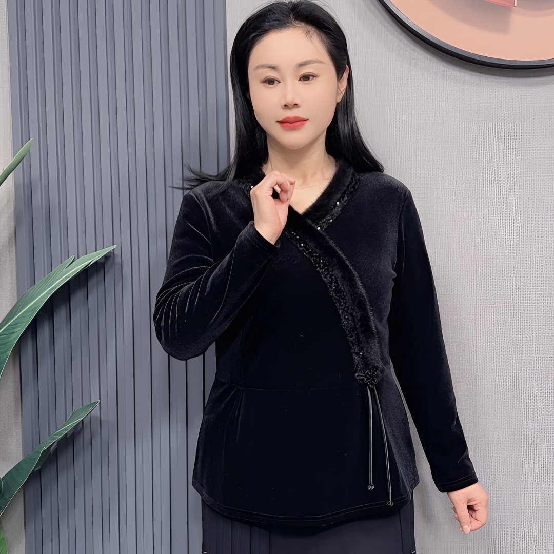 春季新款金丝绒斜领新中式加厚小衫女中年妈妈装打底上衣长袖气质