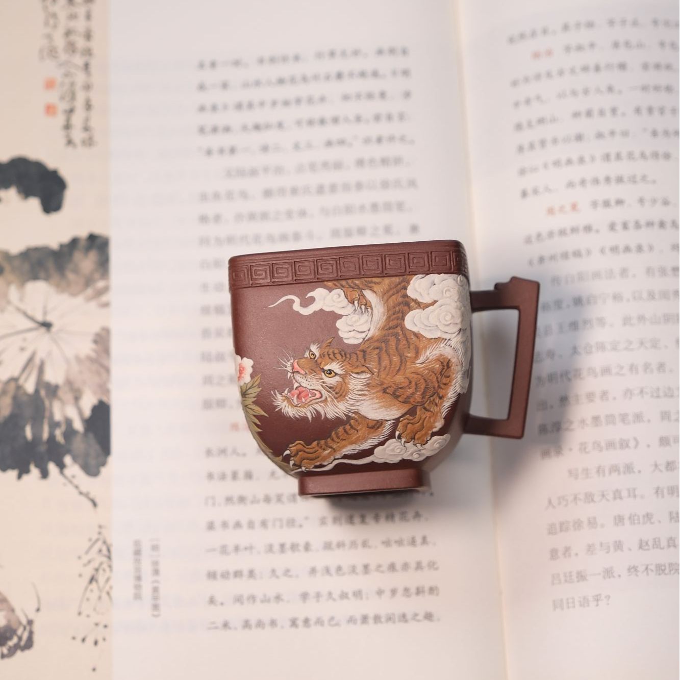 静心 【全手工】混四方杯 紫泥 泥绘山君牡丹 主人杯 精品收藏