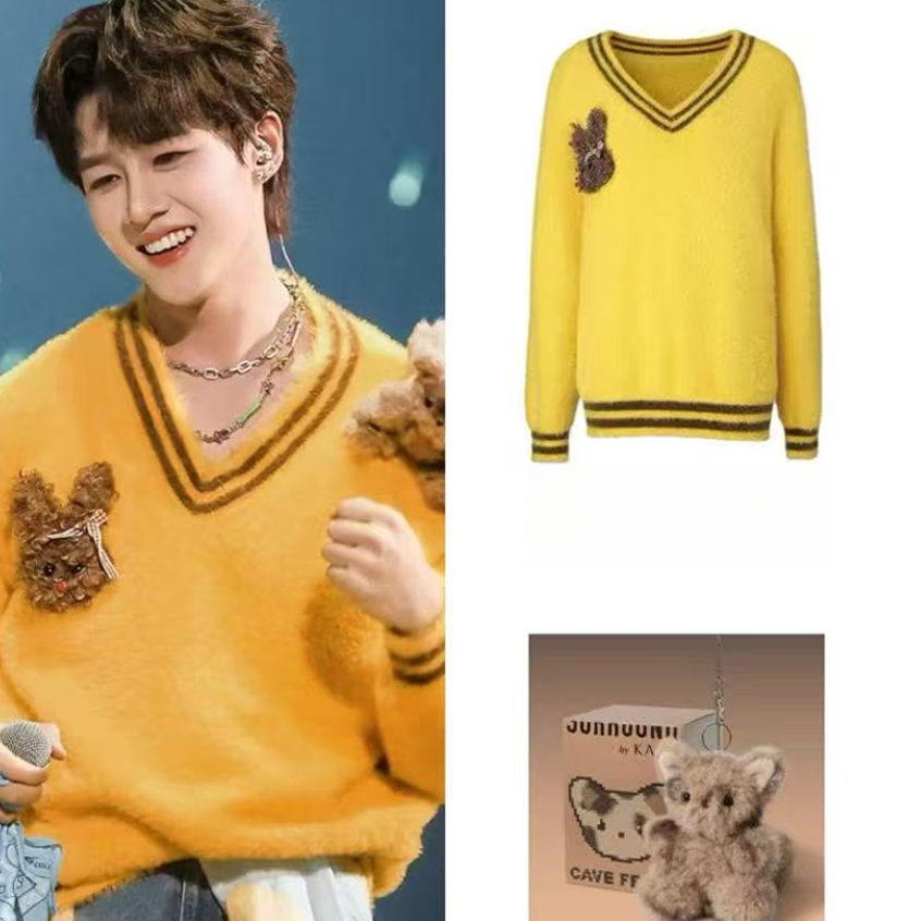 UT -明星同款毛绒卡通V领宽松短款毛衣-1N288