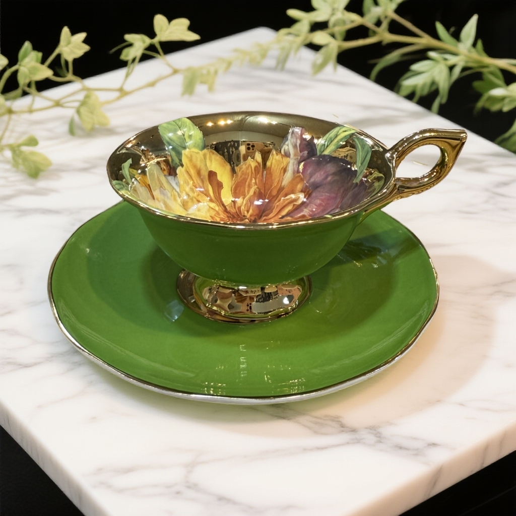 欧式Draw  natural绿釉嘉年华玫瑰骨瓷咖啡杯碟