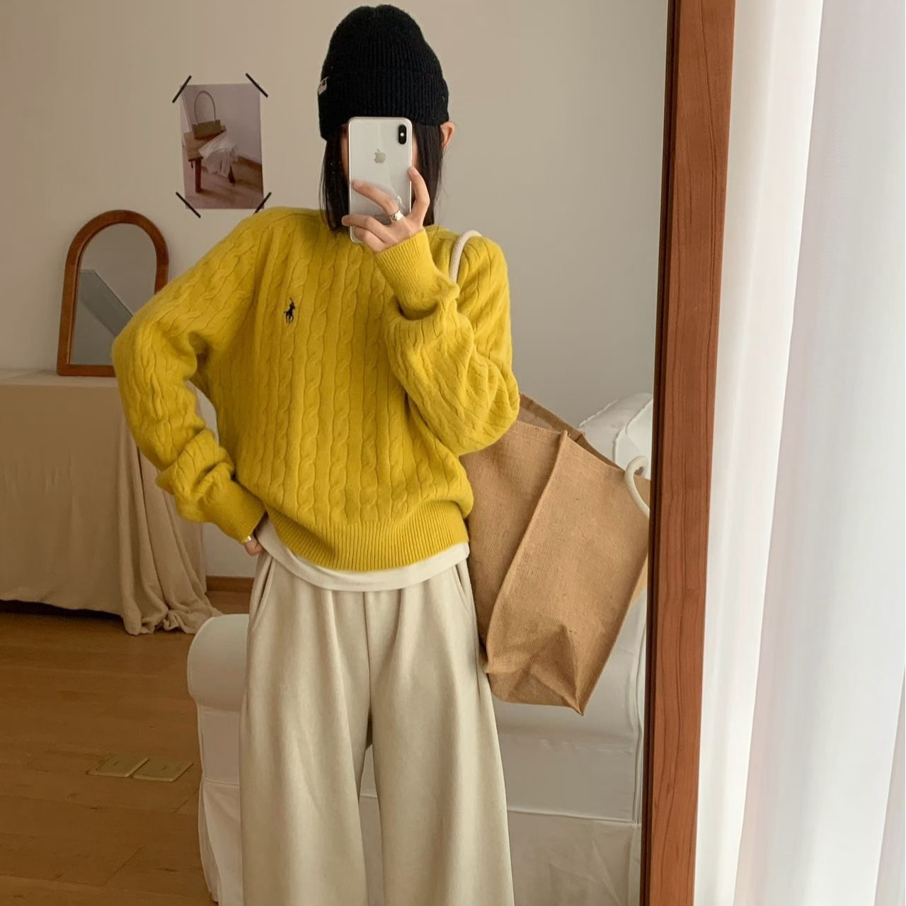 韩系宽松休闲长袖圆领套头秋冬极简风螺纹麻花软糯刺绣小马毛衣