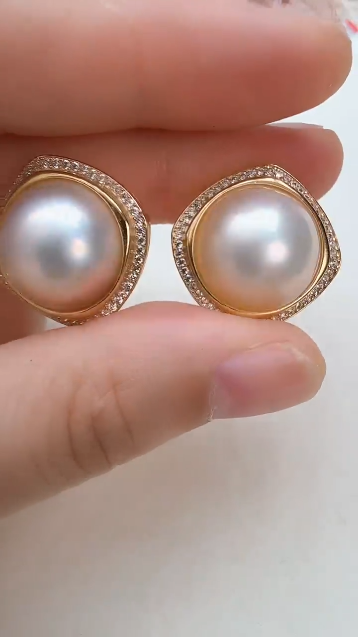 耳饰拼合珍珠（马贝珠）未镶嵌四方金色