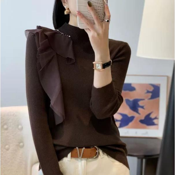 韩系时尚针织衫2025秋冬新款设计感荷叶边钉珠半高领百搭上衣毛衣