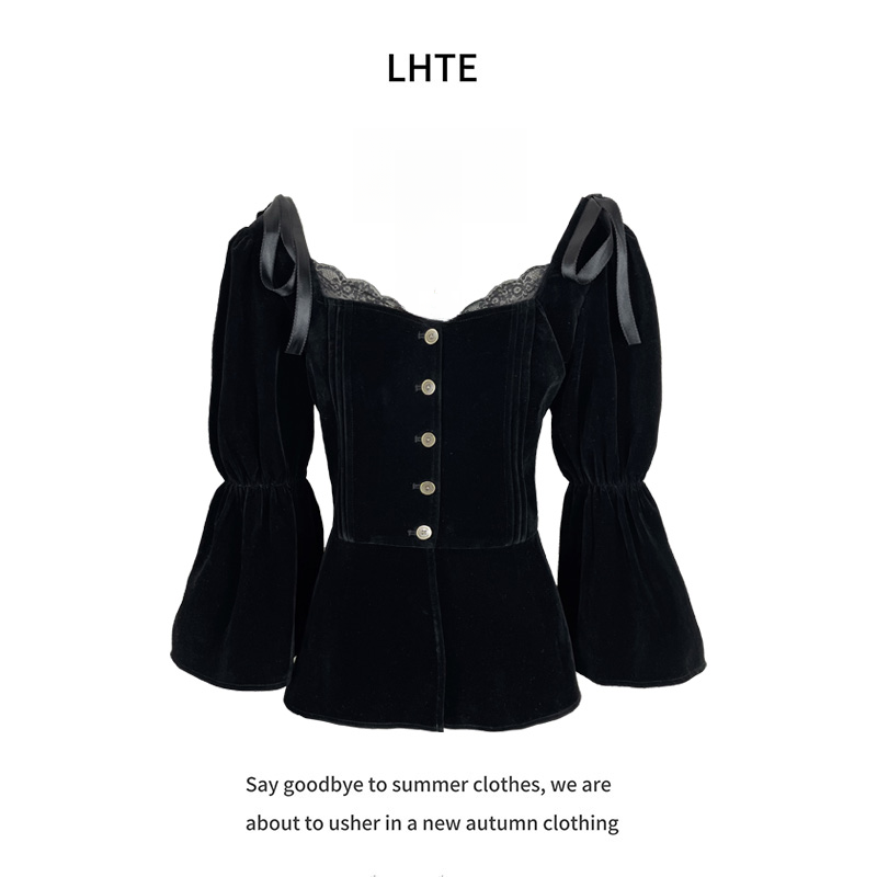 青青大码女装宫廷风丝绒小衫黑色礼服秋季方领收腰小衫C6218黑色