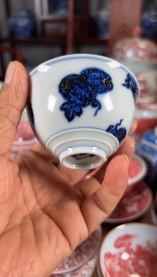 柴窑青花西瓜纹杯杯