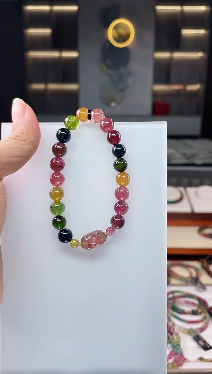 未镶嵌冰透体老矿碧玺单圈手串8mm+碧玺（多样性发一条）Q