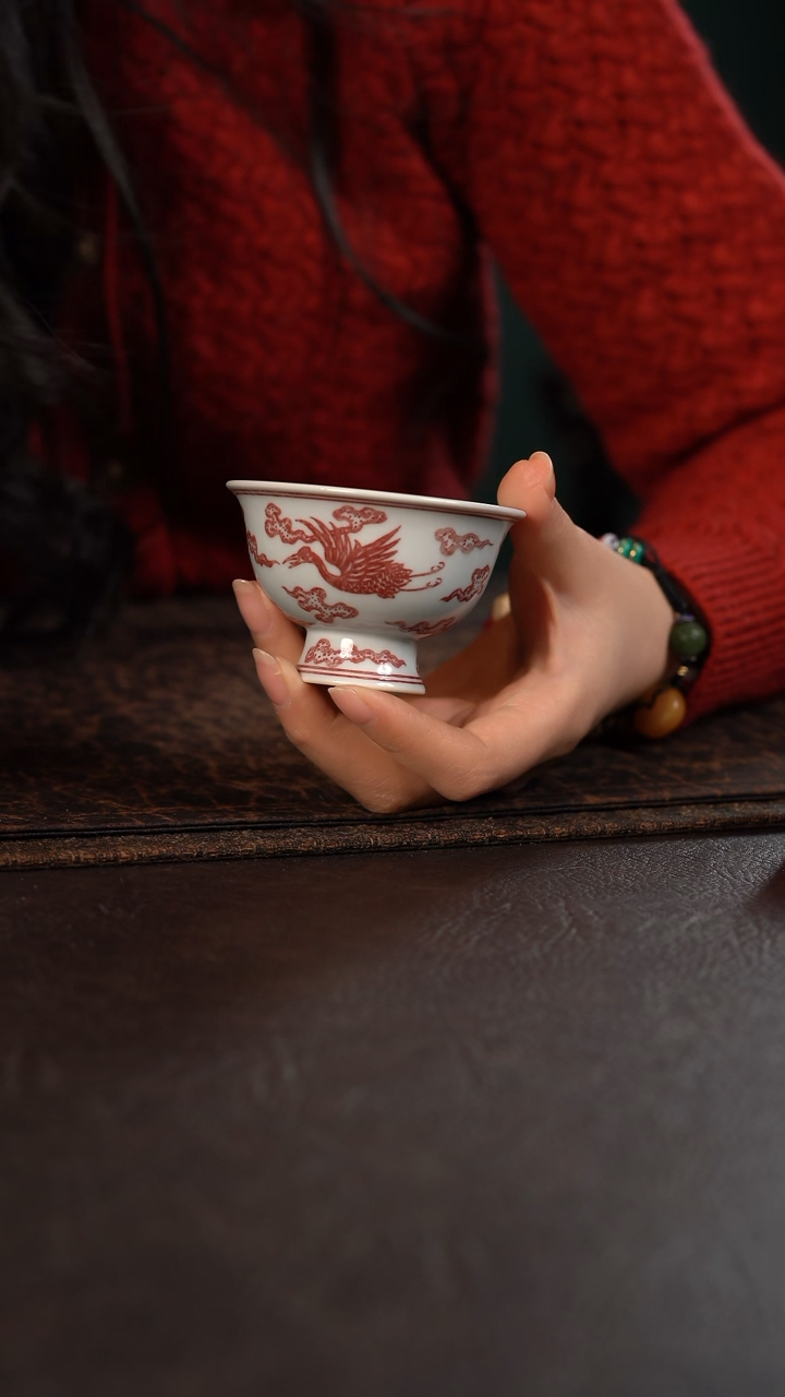 【闪购商品】杯贵红窑釉里红凤凰高脚杯