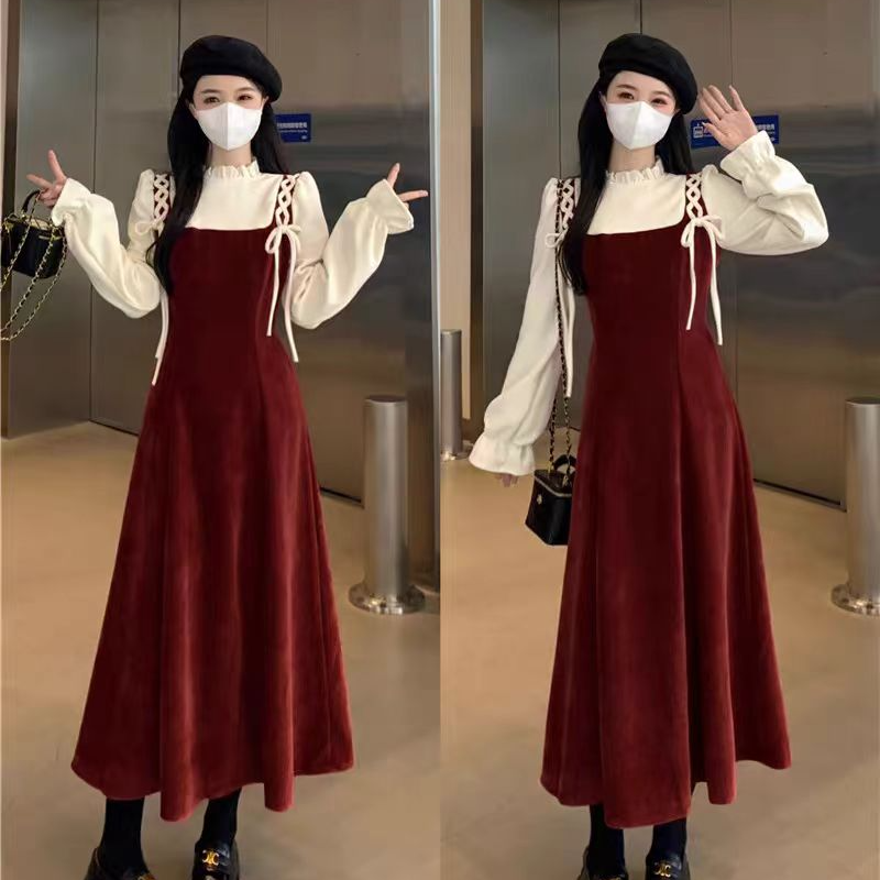 2025年大码胖mm复古假两件连衣裙女秋冬新款收腰显瘦拼接裙子1690